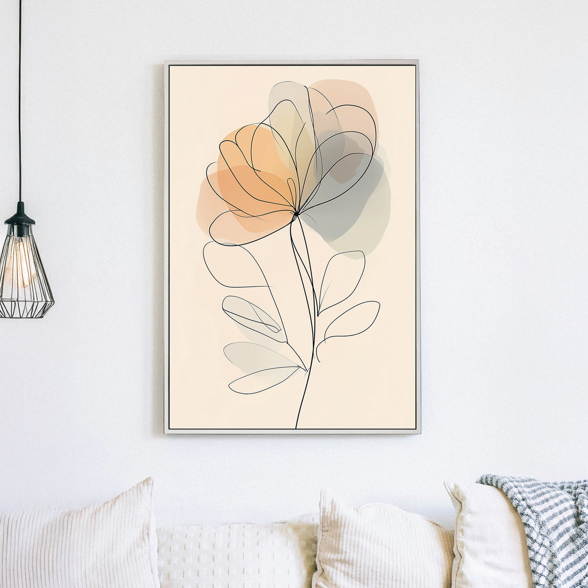 minimalist floral wall art with abstract soft neutral tones and single-line illustration