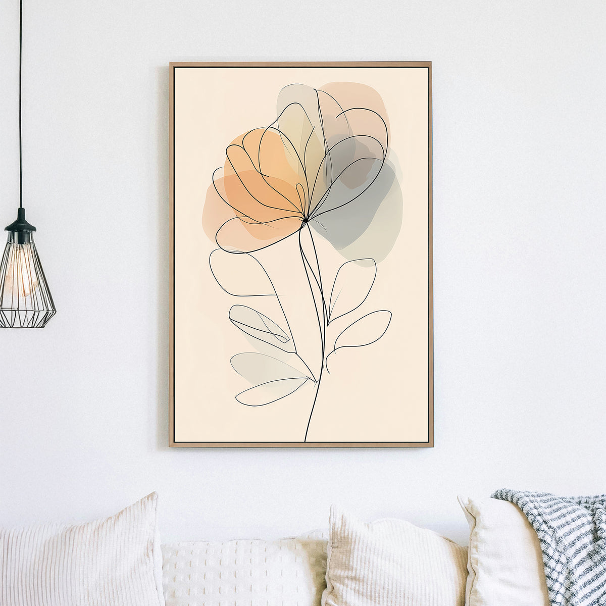 minimalist floral wall art with abstract soft neutral tones and single-line illustration