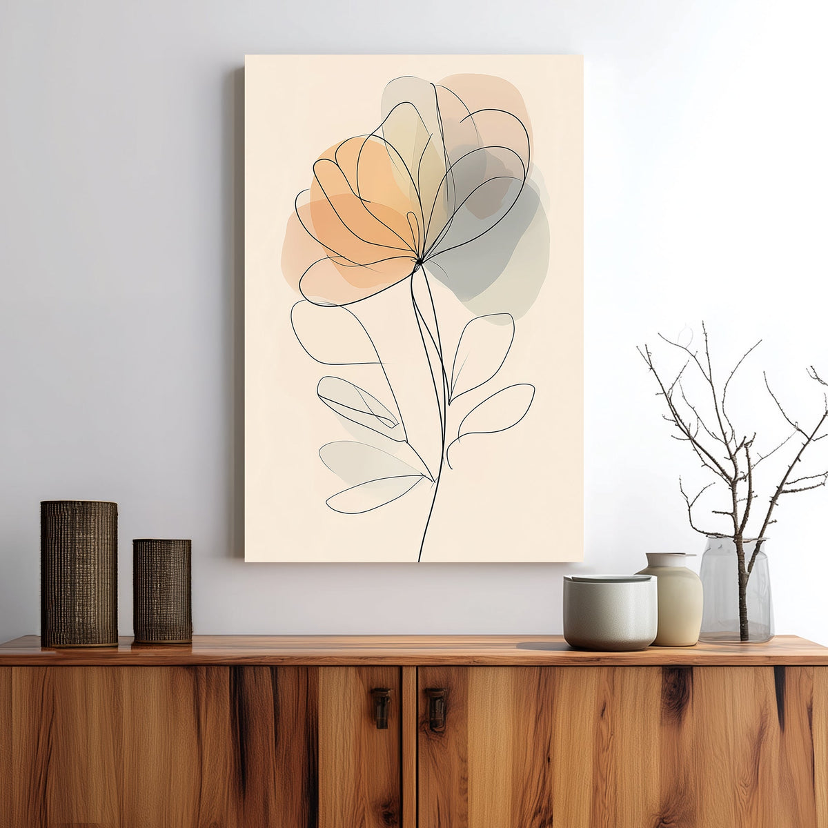 minimalist floral wall art with abstract soft neutral tones and single-line illustration