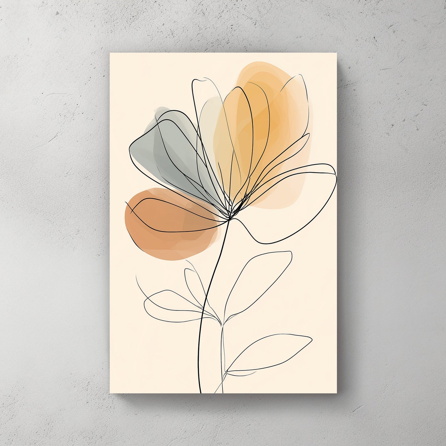 minimalist floral wall art with soft abstract grey and orange shapes