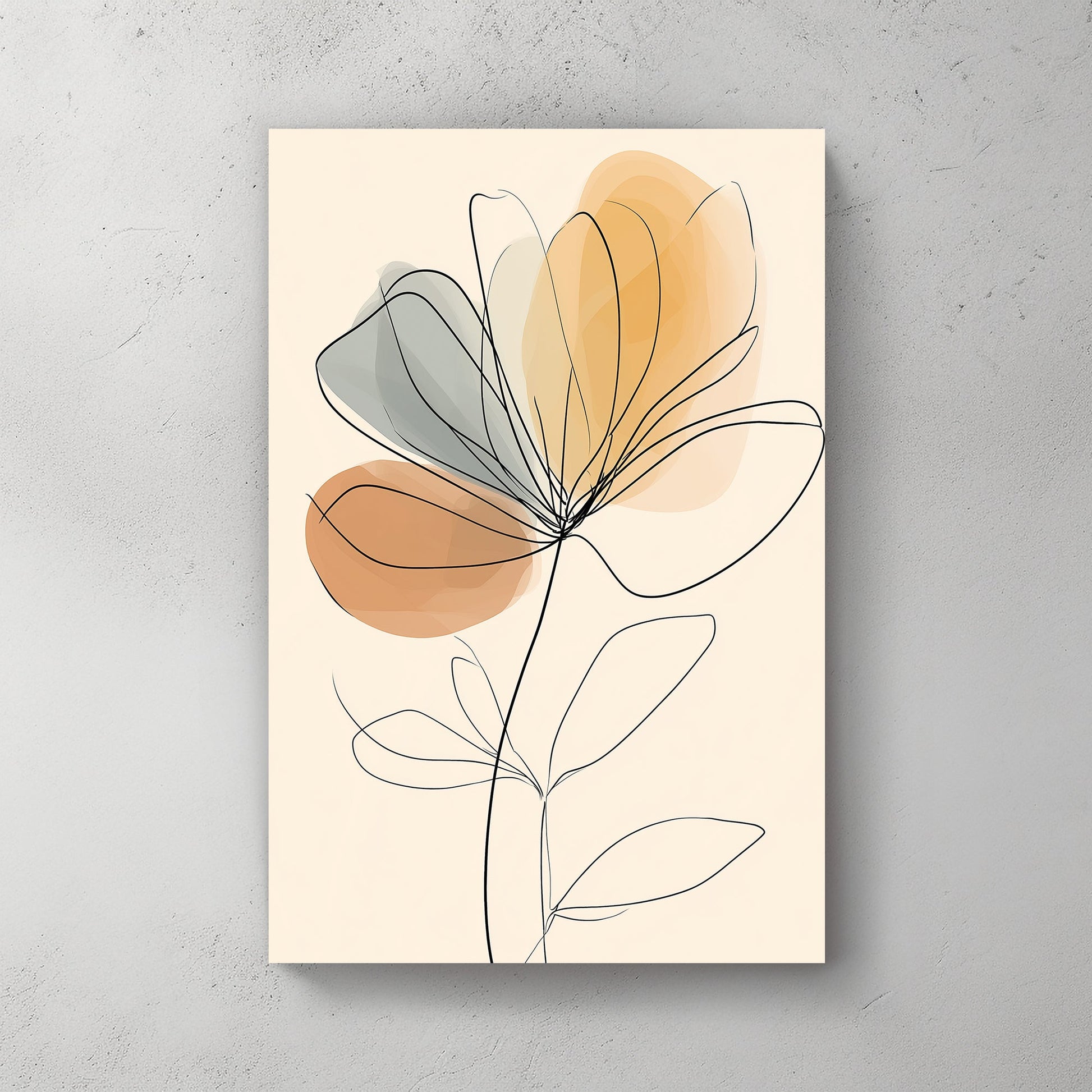 minimalist floral wall art with soft abstract grey and orange shapes
