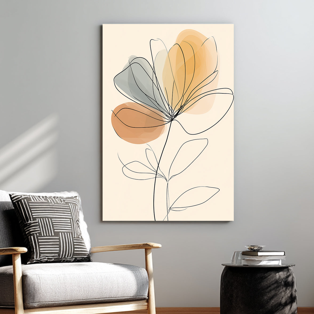 minimalist floral wall art with soft abstract grey and orange shapes