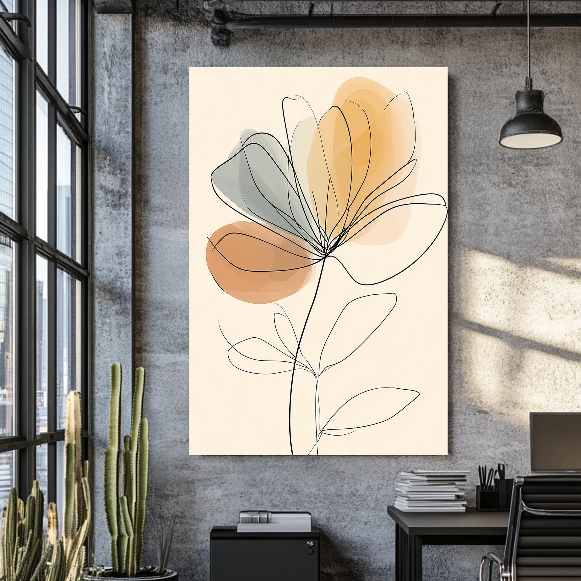minimalist floral wall art with soft abstract grey and orange shapes