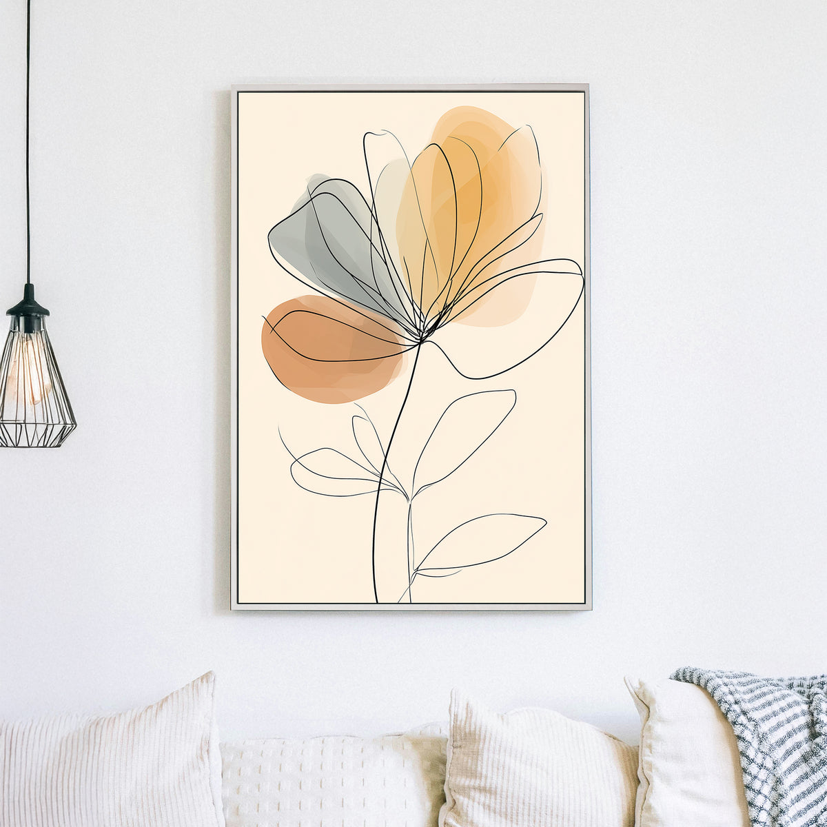 minimalist floral wall art with soft abstract grey and orange shapes