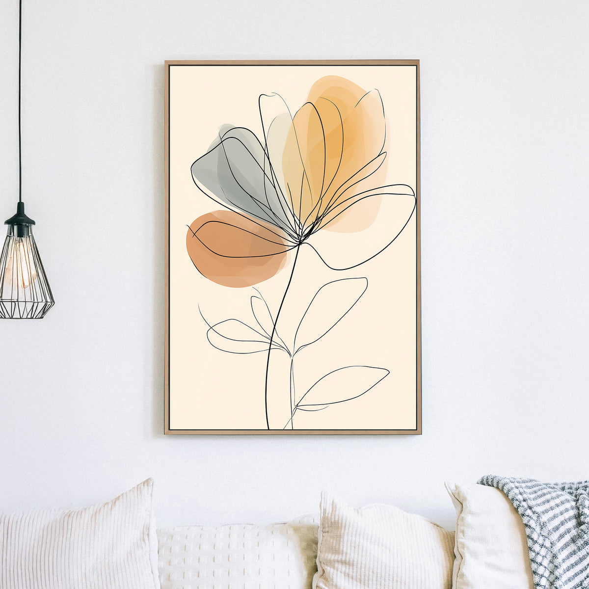 minimalist floral wall art with soft abstract grey and orange shapes