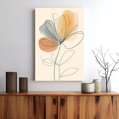 minimalist floral wall art with soft abstract grey and orange shapes