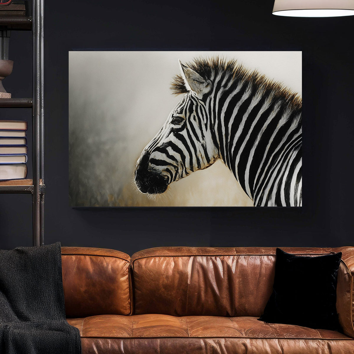 black and white zebra profile wall art with painted texture