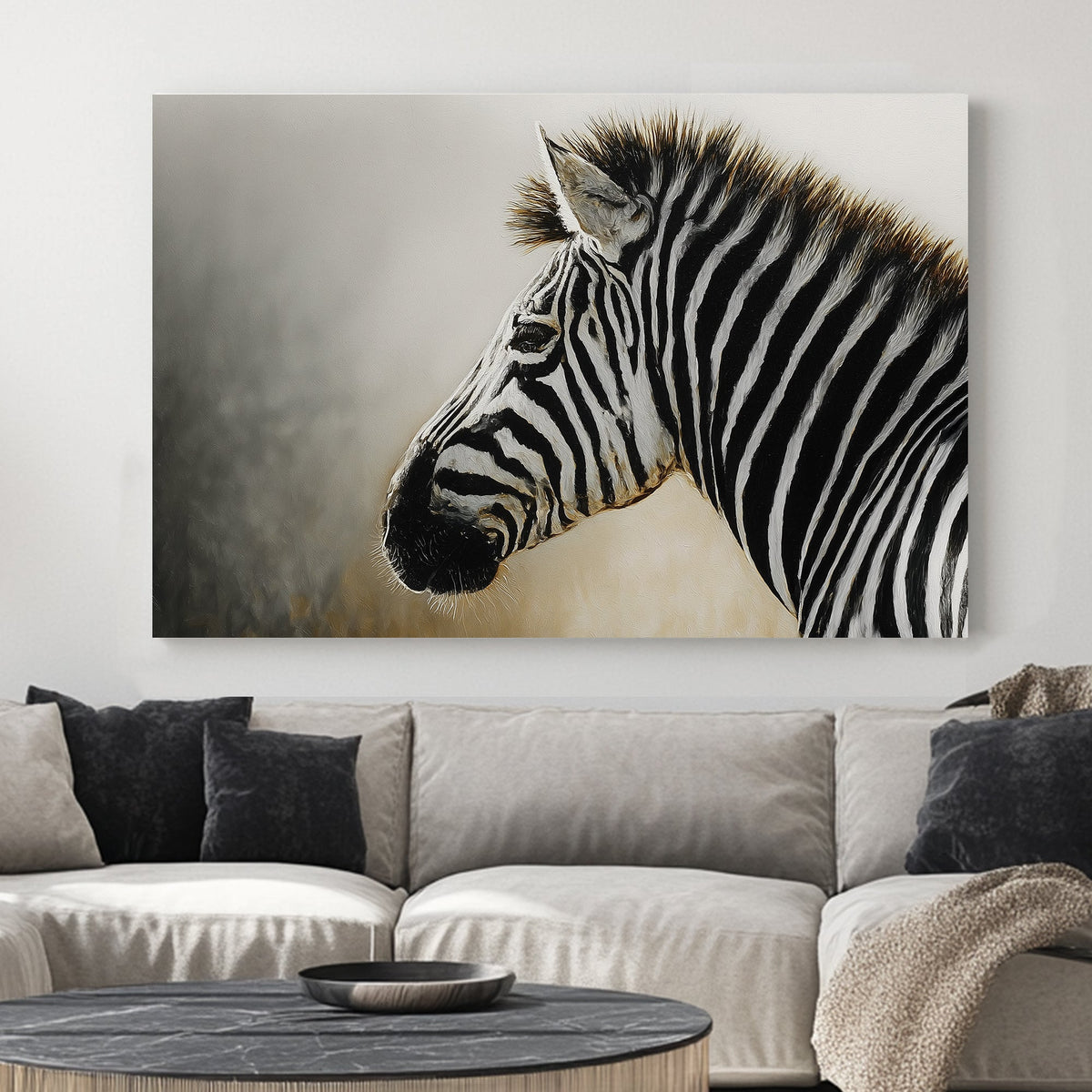 black and white zebra profile wall art with painted texture