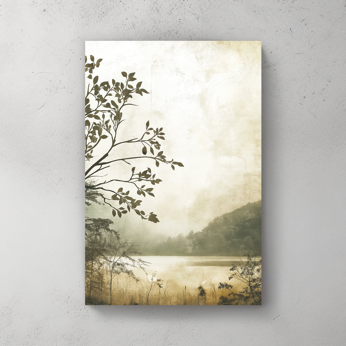 misty lakeside forest landscape wall art in sepia tones