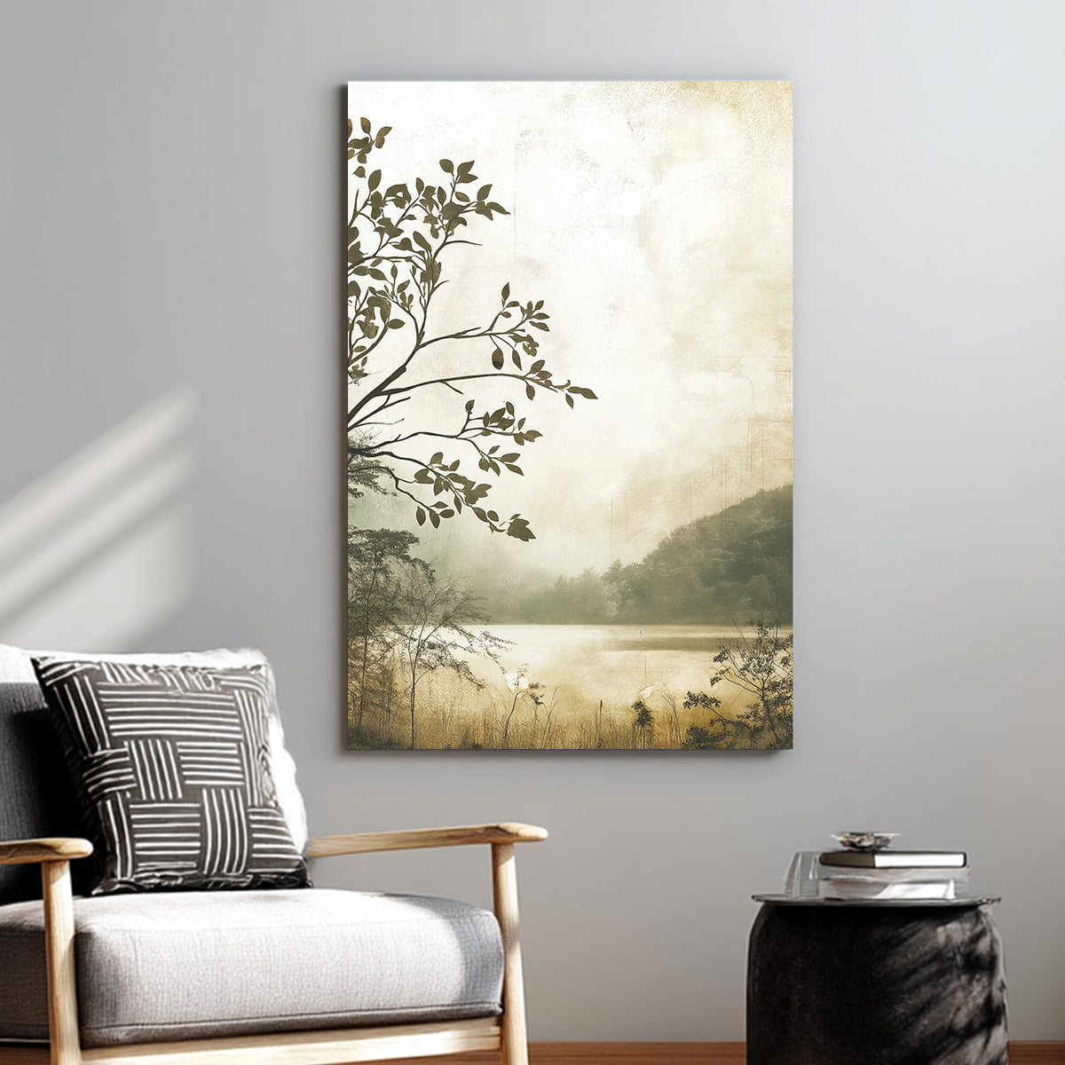 misty lakeside forest landscape wall art in sepia tones