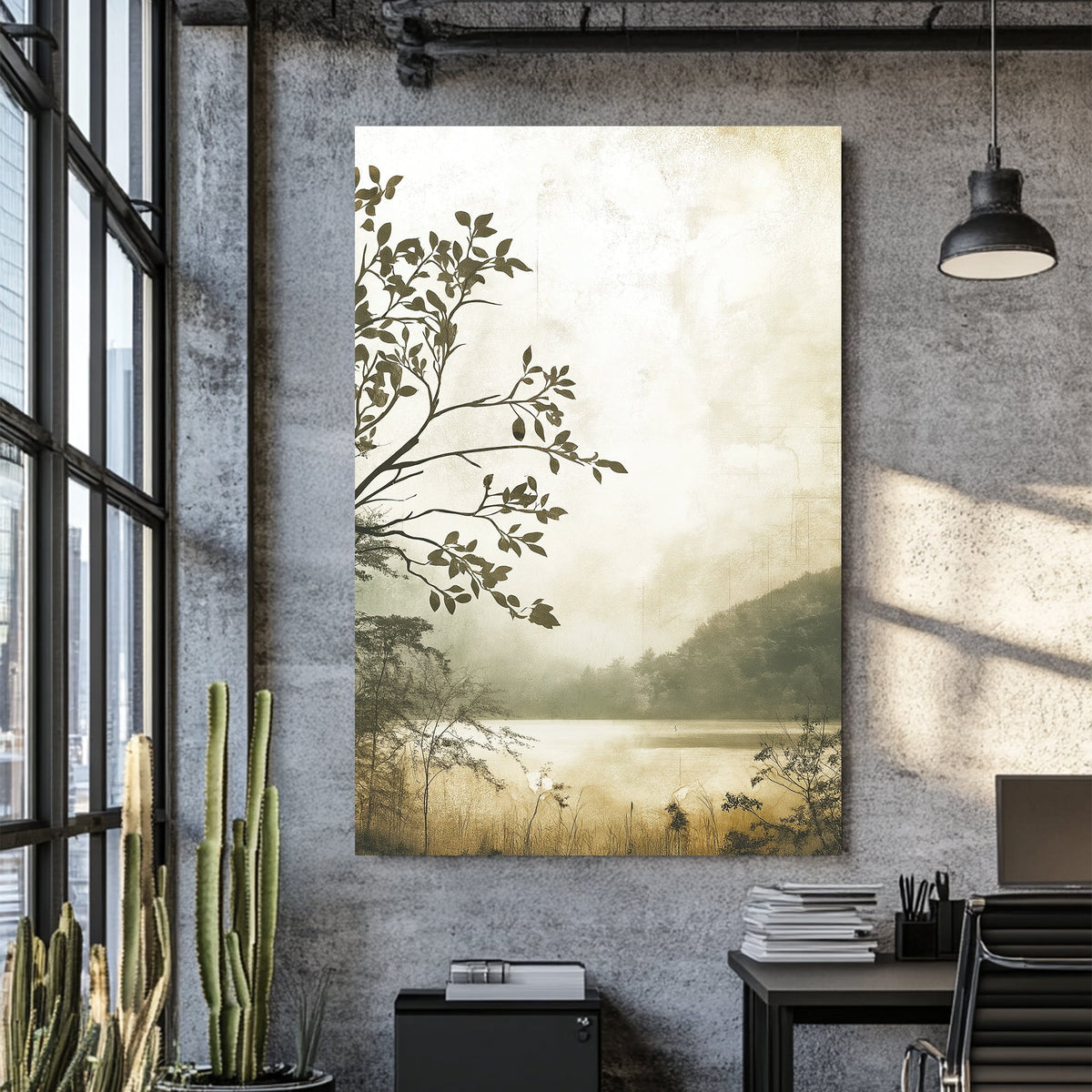 misty lakeside forest landscape wall art in sepia tones