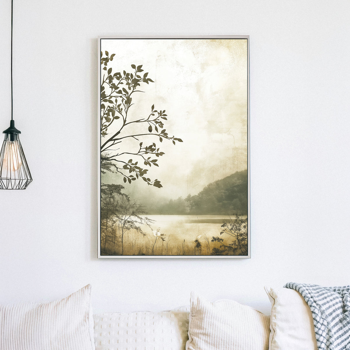 misty lakeside forest landscape wall art in sepia tones
