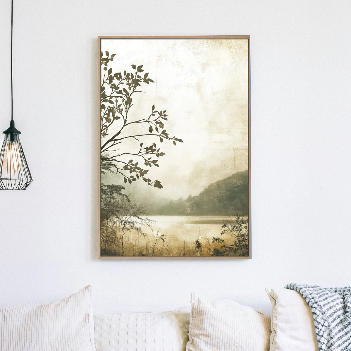 misty lakeside forest landscape wall art in sepia tones