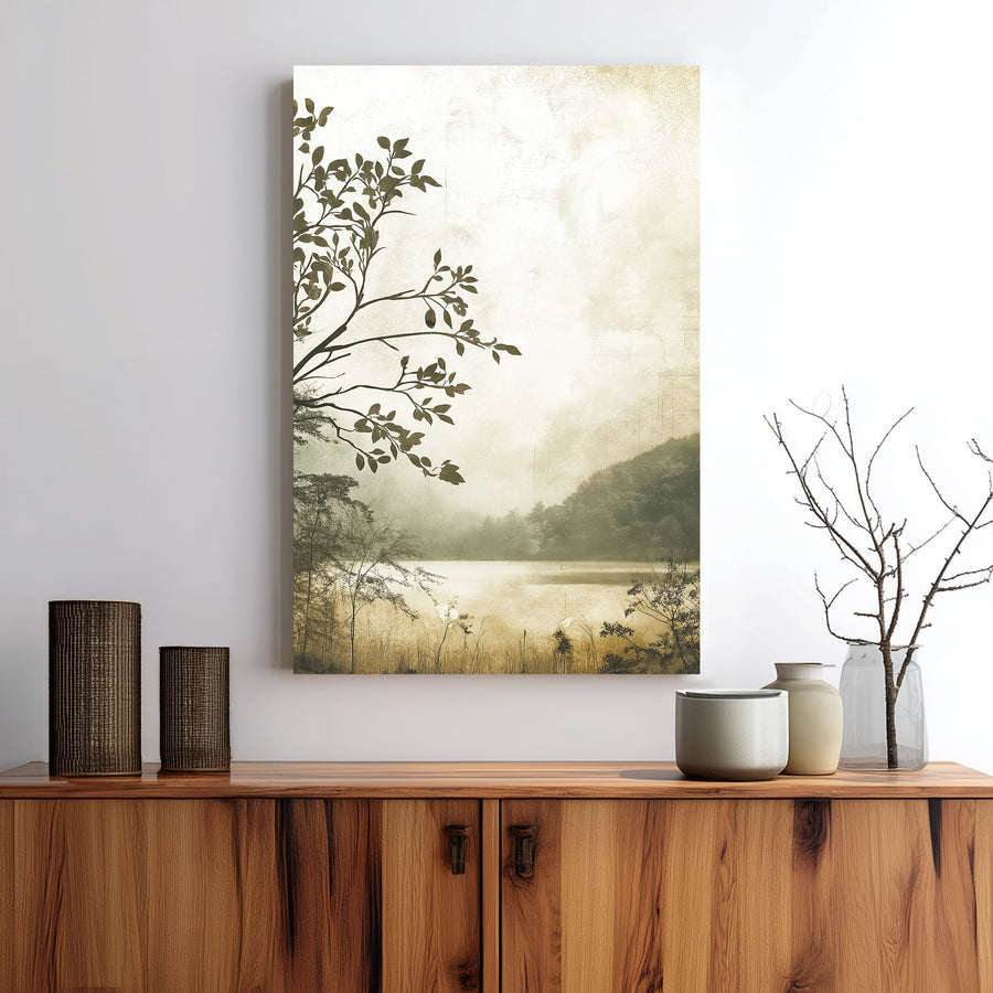 misty lakeside forest landscape wall art in sepia tones