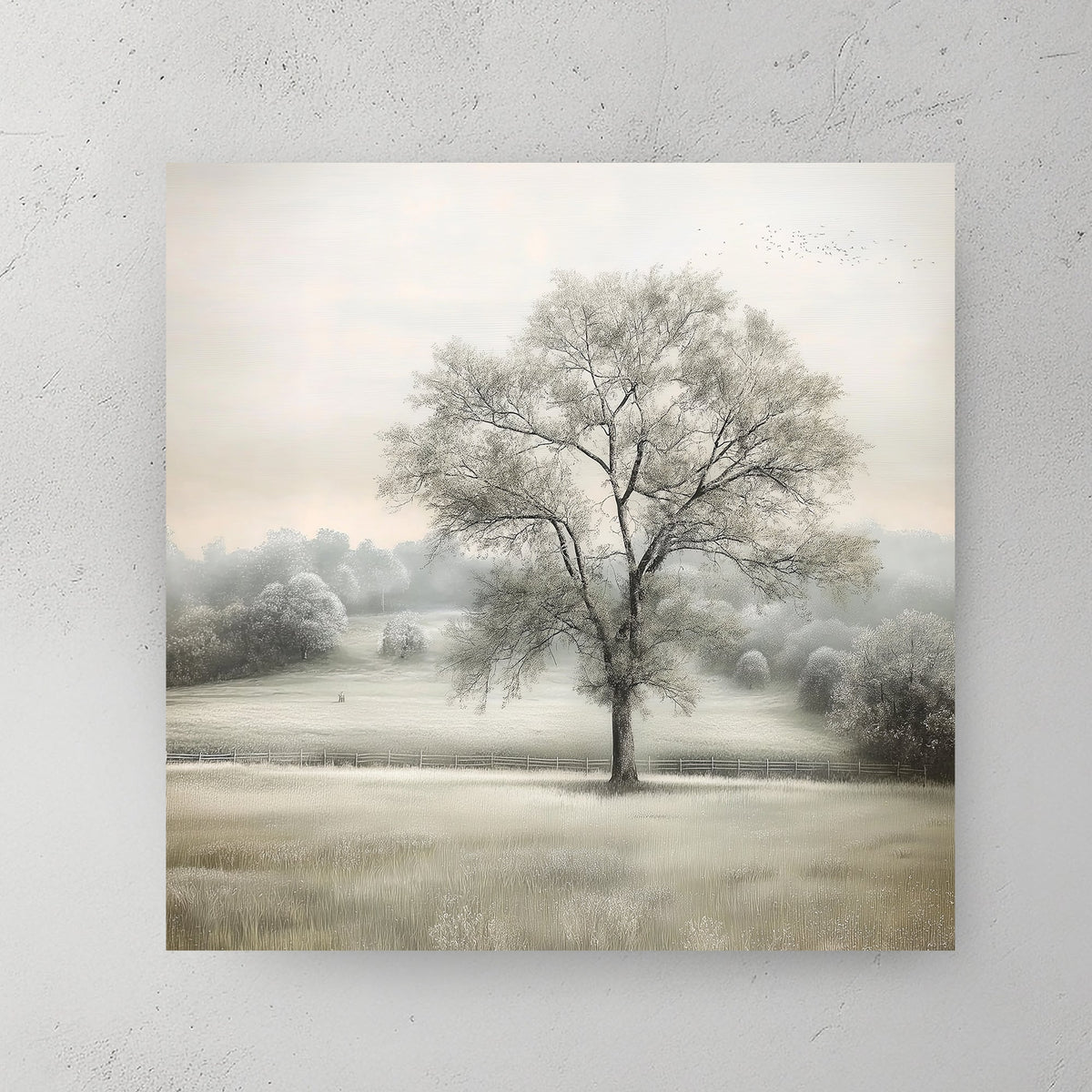 solitary tree in a misty field wall art with soft neutral tones