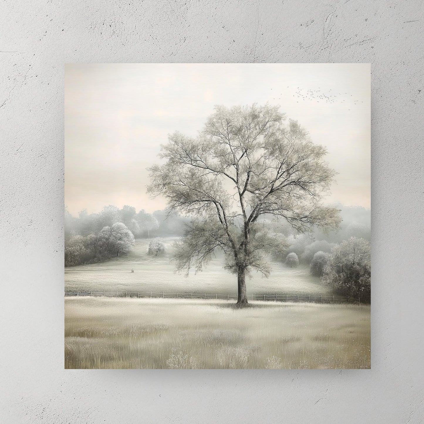 solitary tree in a misty field wall art with soft neutral tones