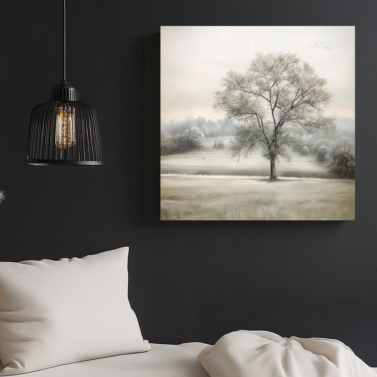 solitary tree in a misty field wall art with soft neutral tones