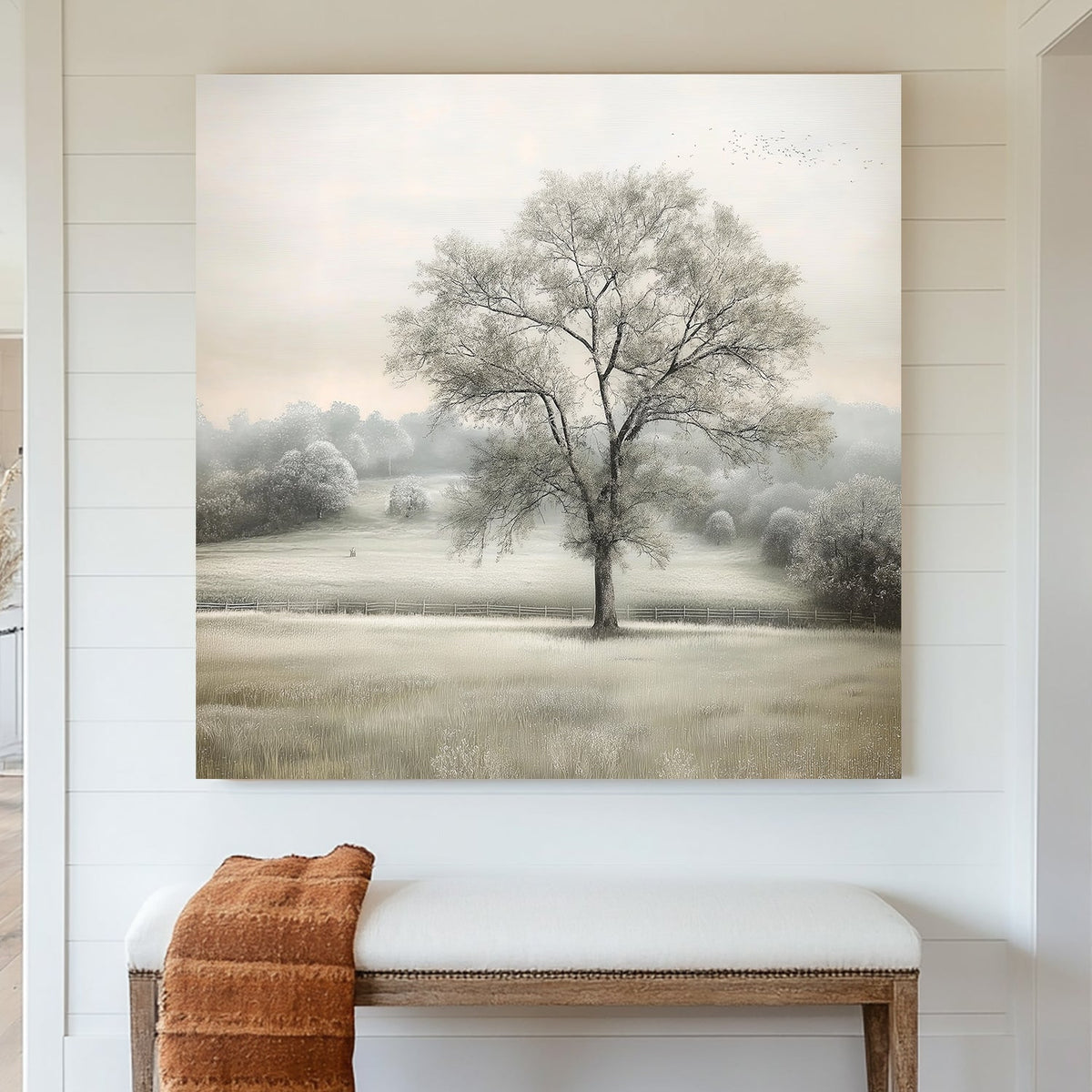 solitary tree in a misty field wall art with soft neutral tones