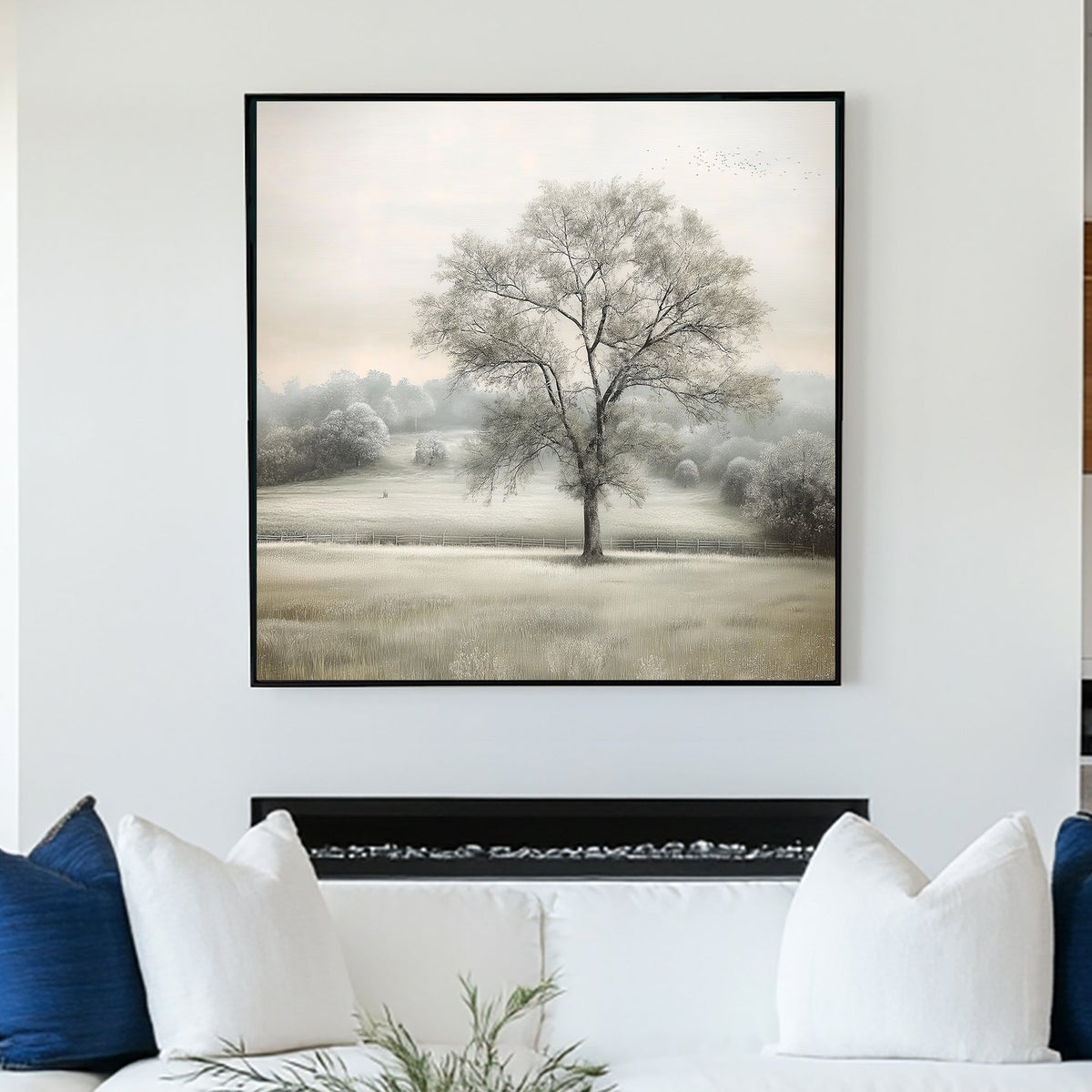 solitary tree in a misty field wall art with soft neutral tones