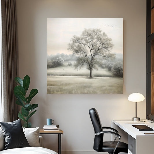 solitary tree in a misty field wall art with soft neutral tones