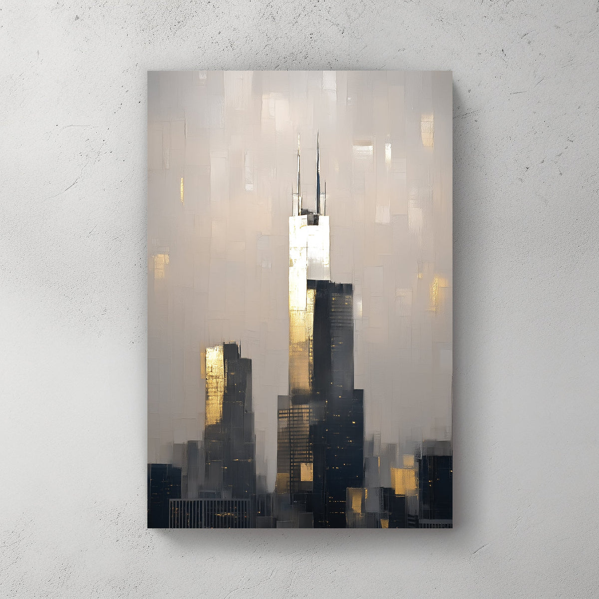 abstract chicago skyline wall art with willis tower at sunset