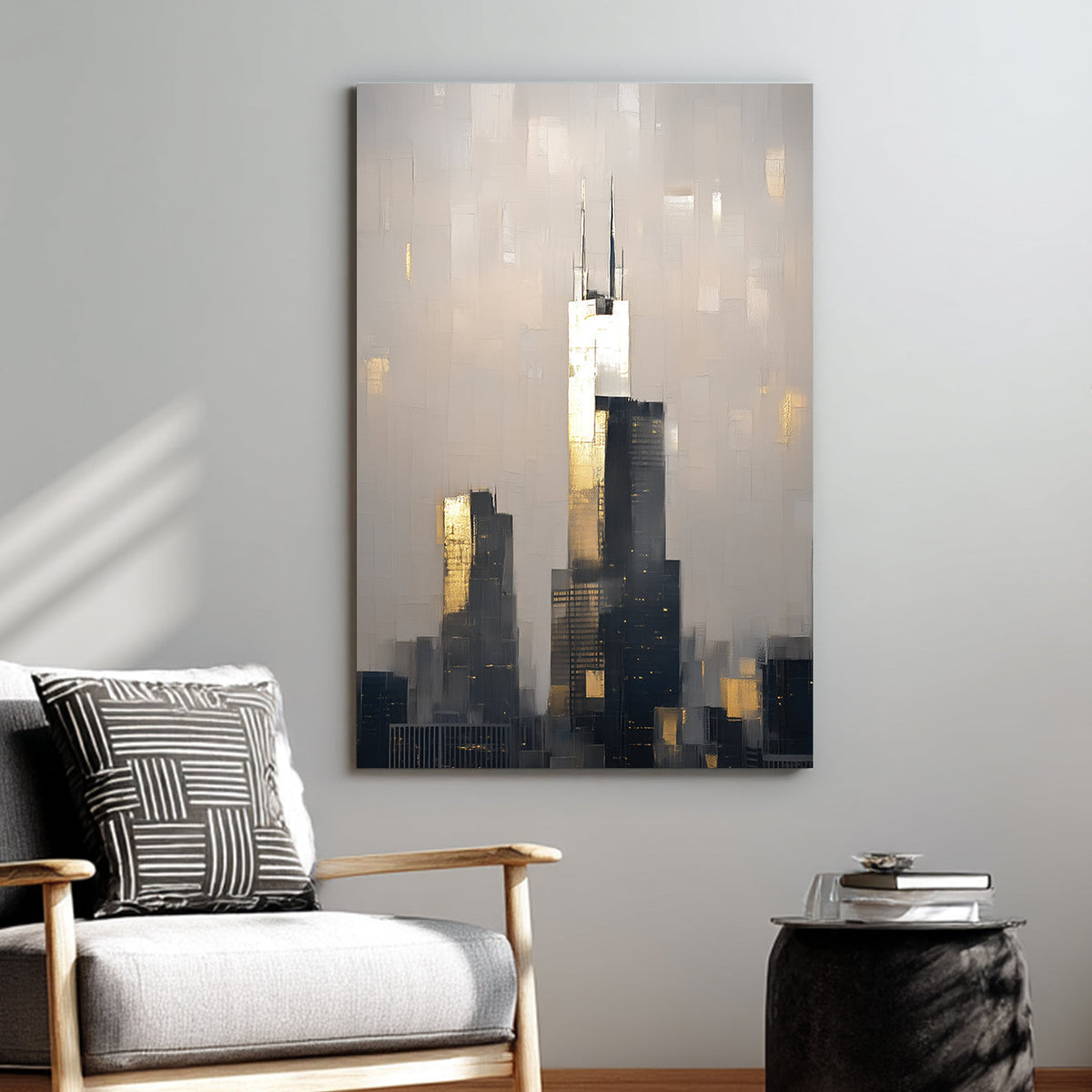 abstract chicago skyline wall art with willis tower at sunset