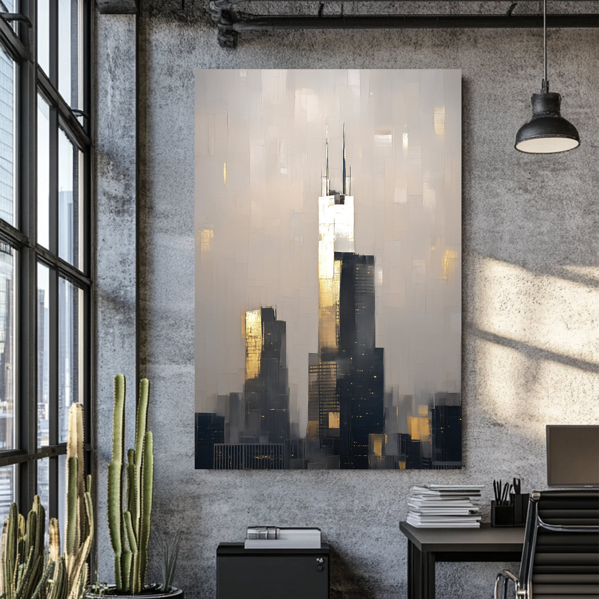 abstract chicago skyline wall art with willis tower at sunset