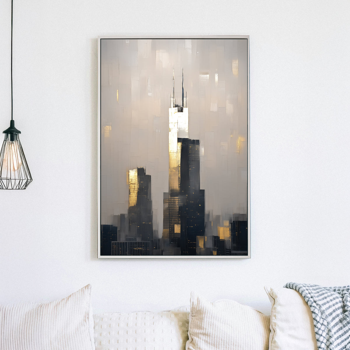 abstract chicago skyline wall art with willis tower at sunset