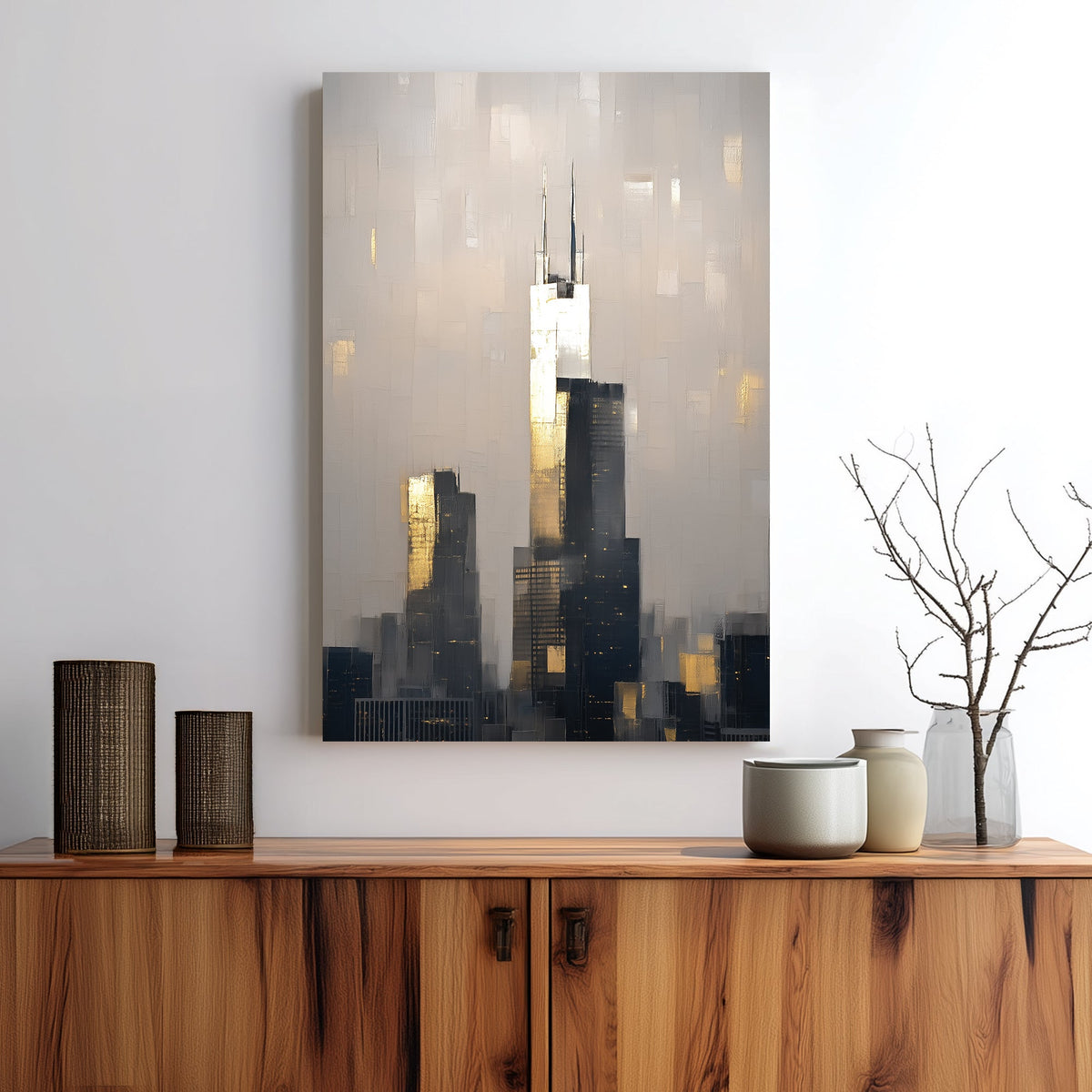 abstract chicago skyline wall art with willis tower at sunset