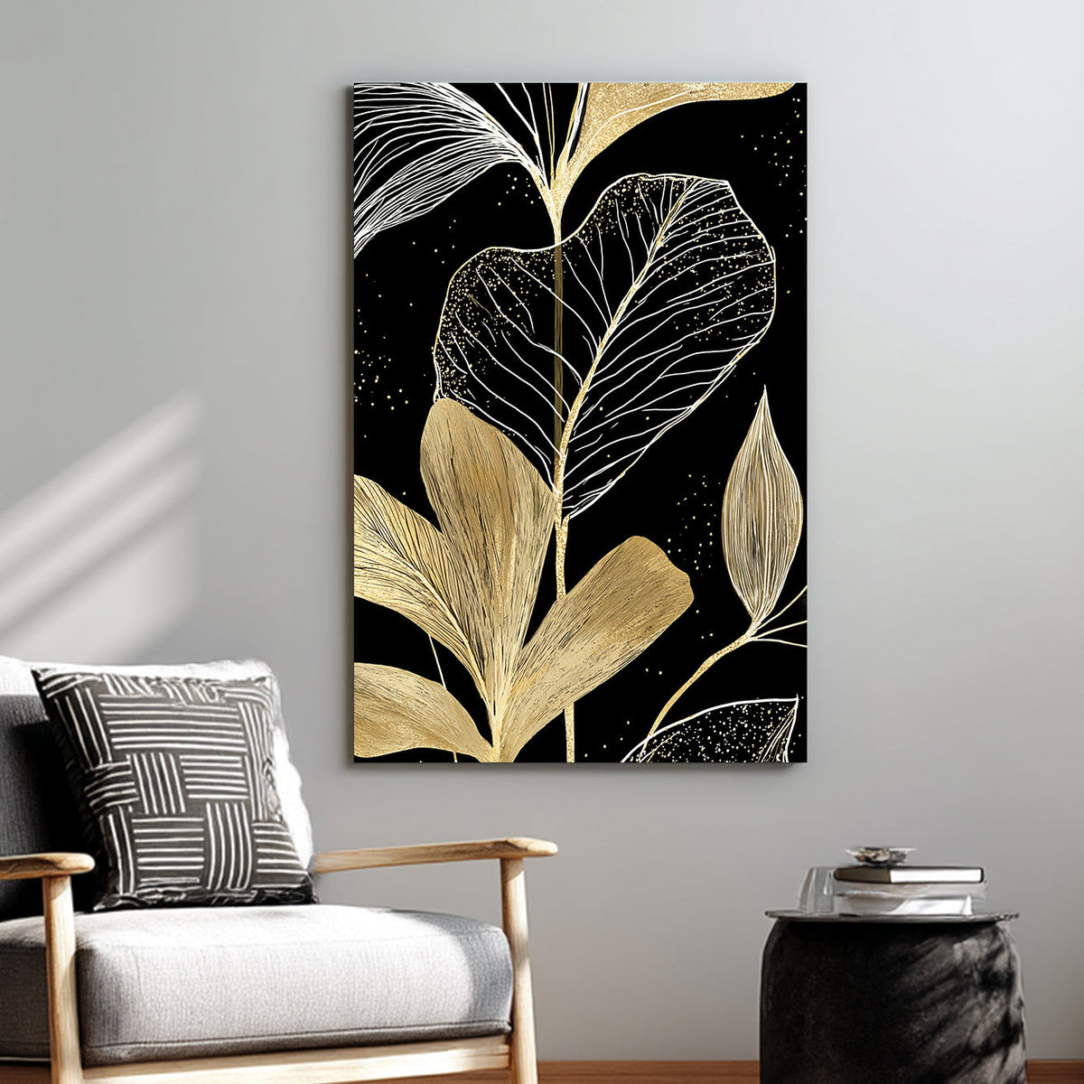 botanical gold leaf wall art on black background