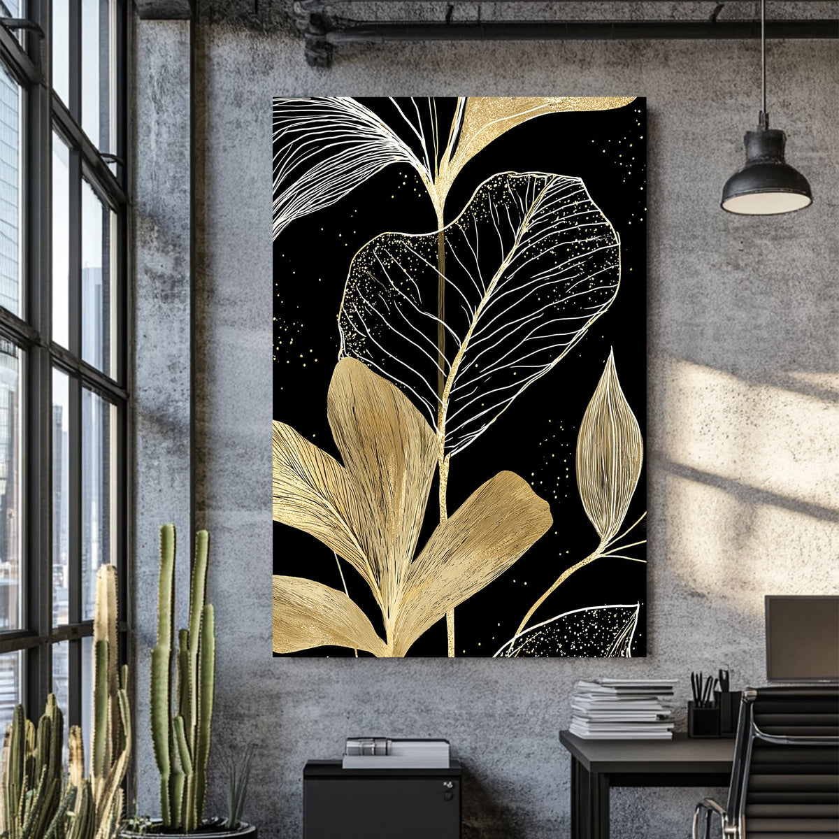 botanical gold leaf wall art on black background