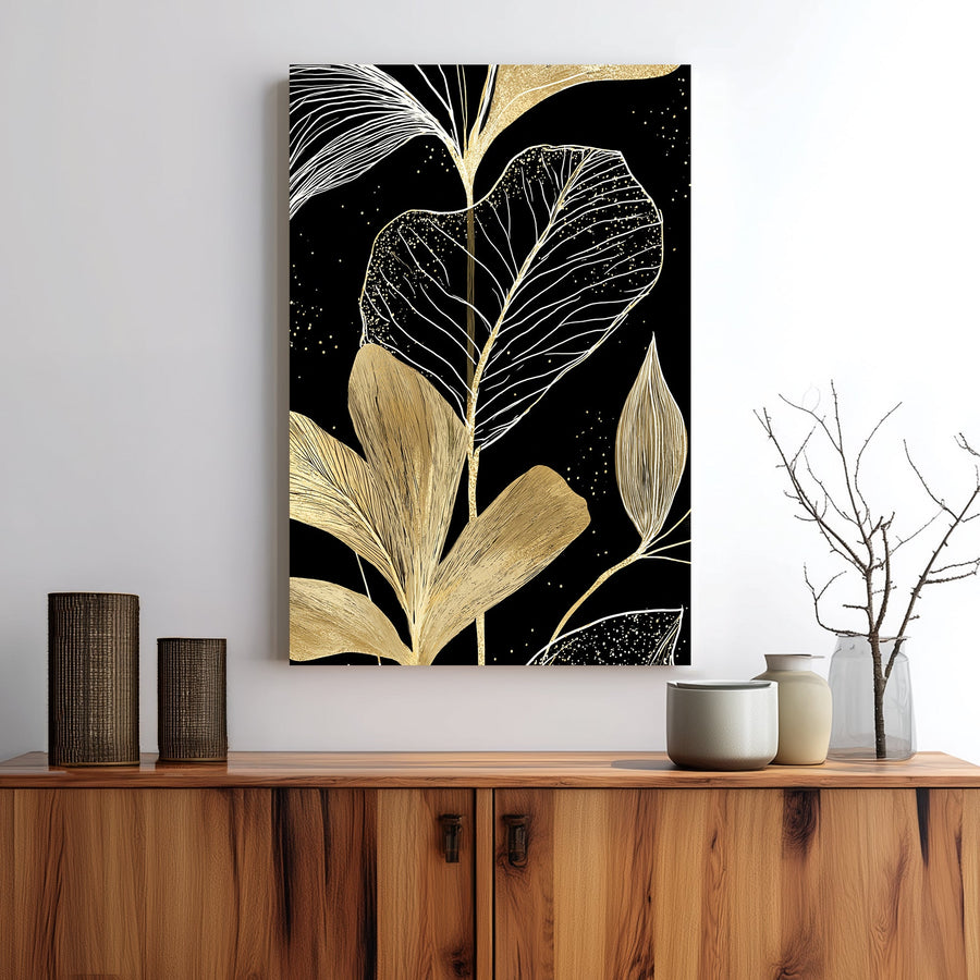 botanical gold leaf wall art on black background