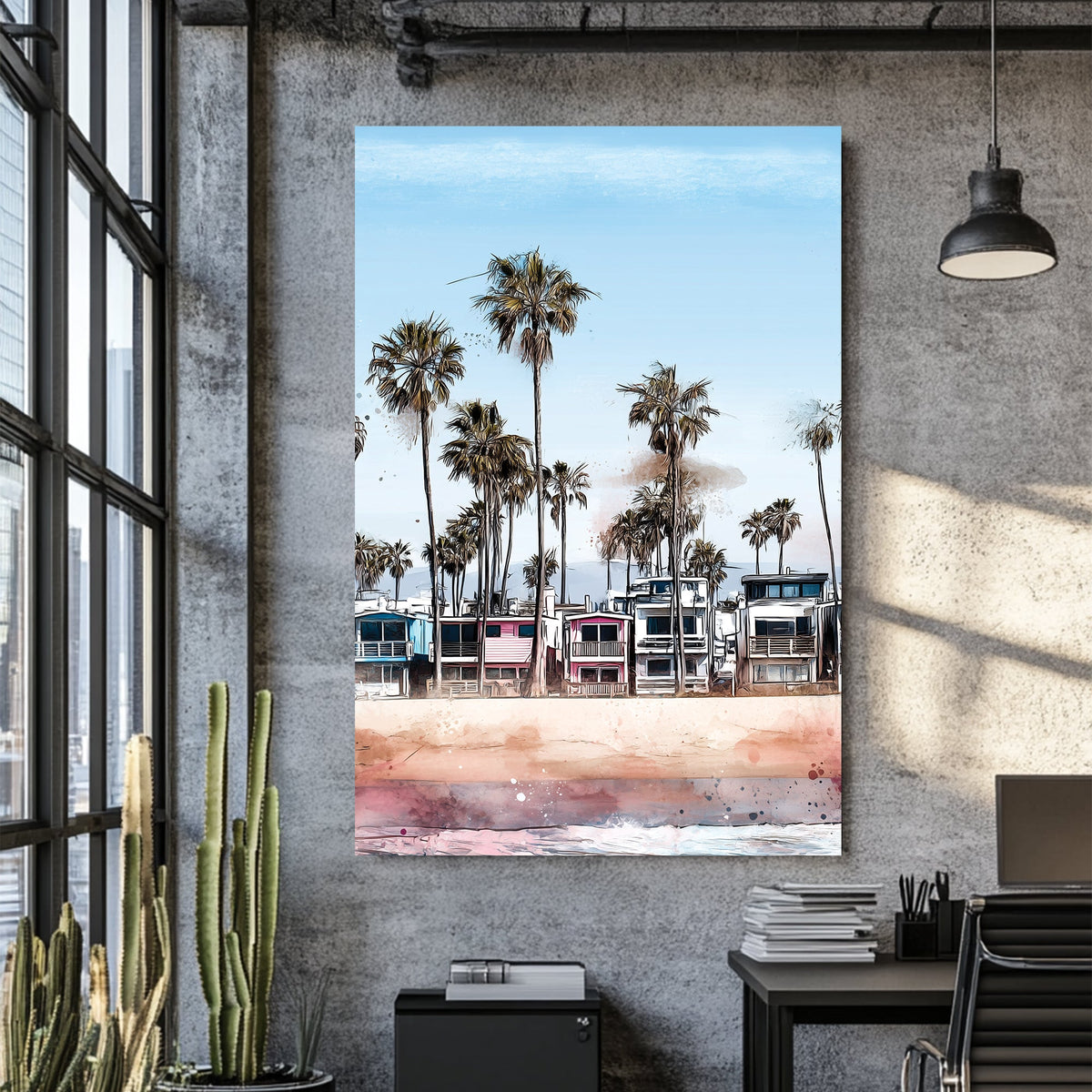 colourful Venice Beach homes with palm trees wall art