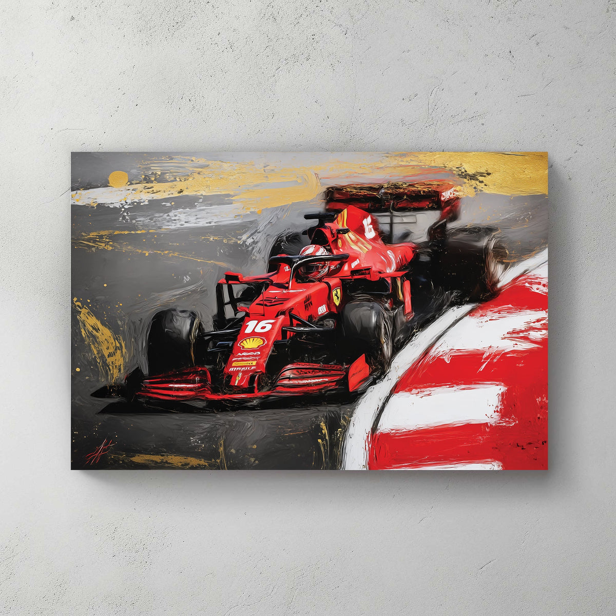 Charles Leclerc driving Ferrari Formula 1 car wall art