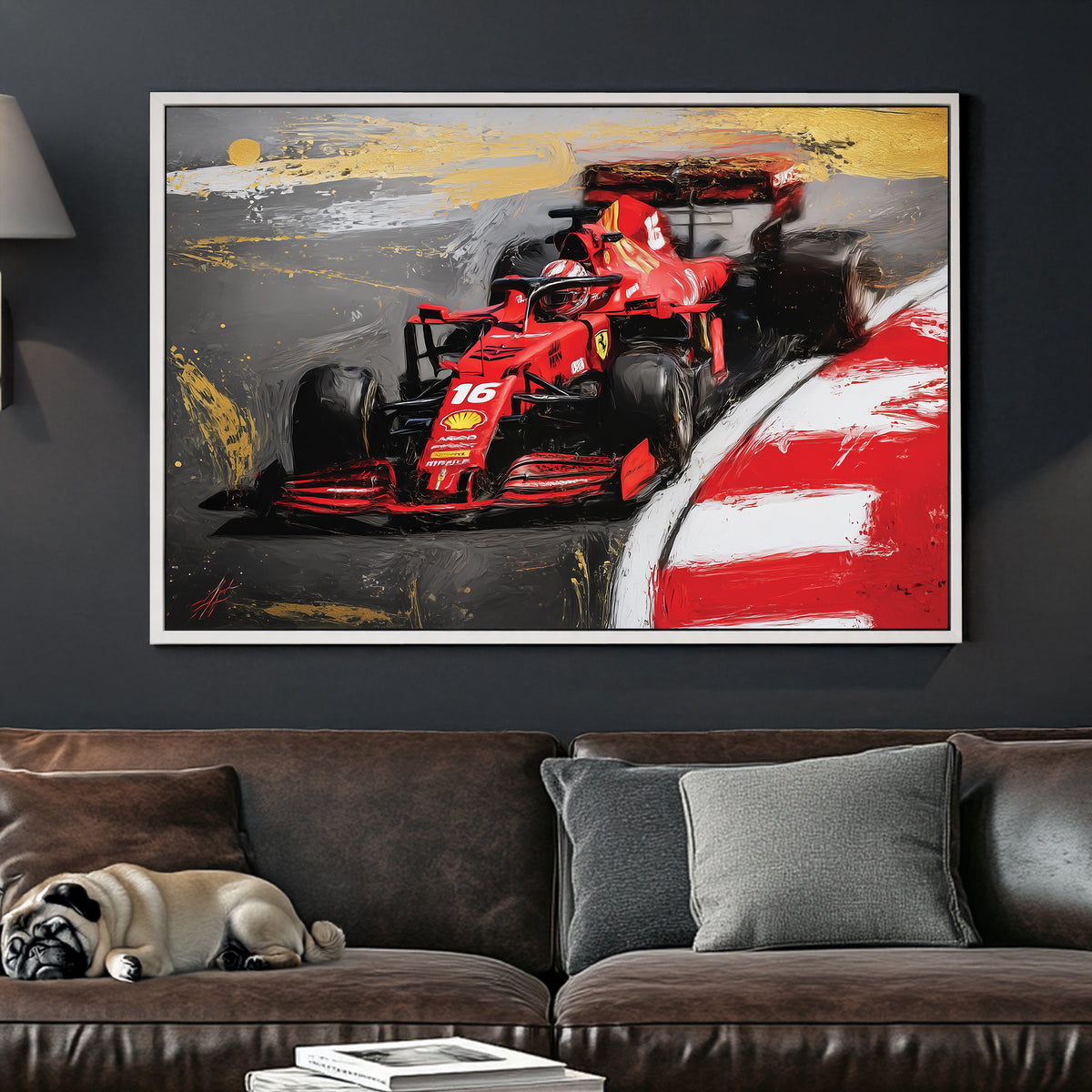 Charles Leclerc driving Ferrari Formula 1 car wall art