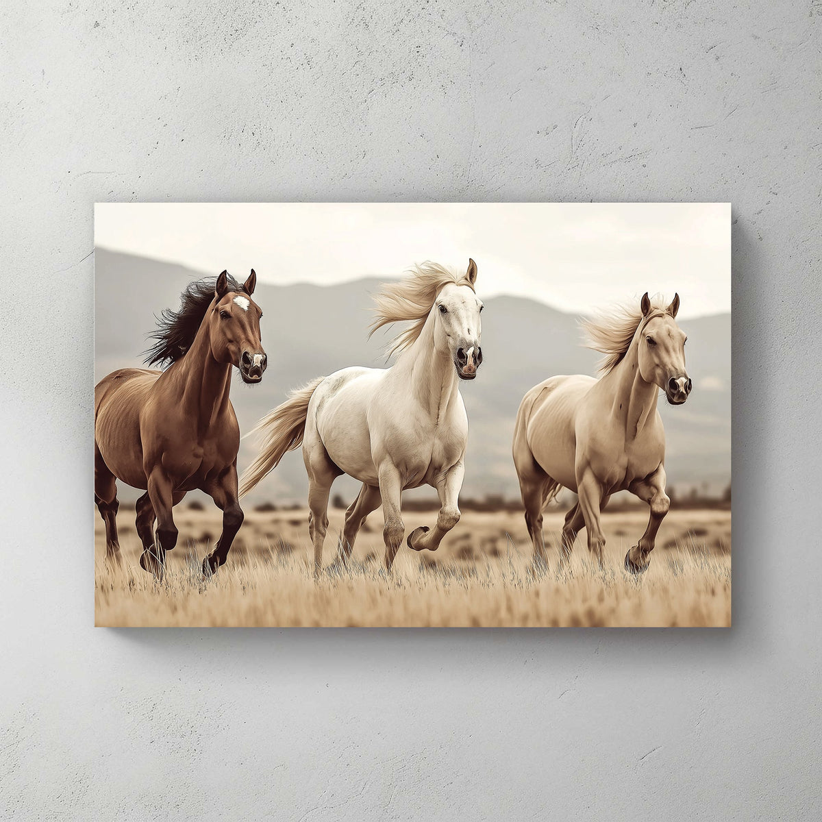 three running horses in open field wall art
