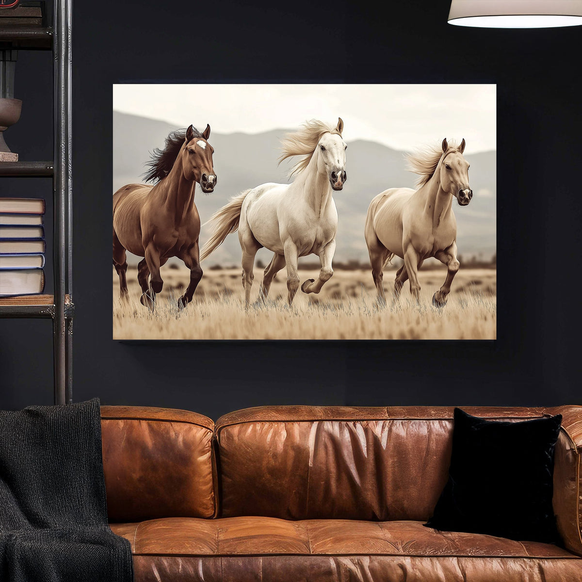 three running horses in open field wall art
