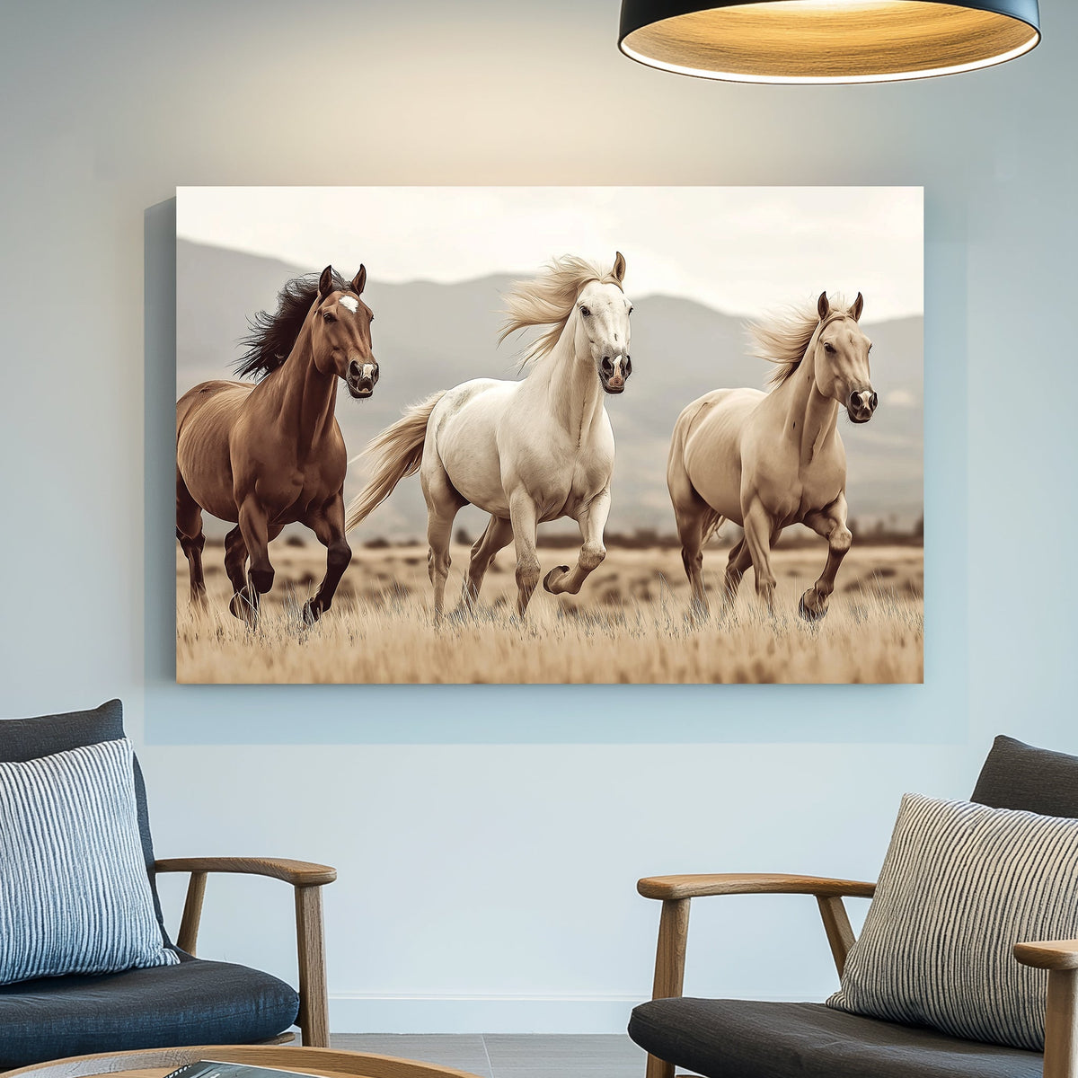 three running horses in open field wall art