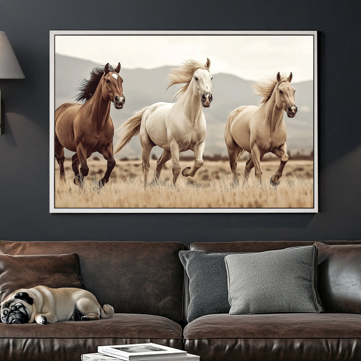 three running horses in open field wall art