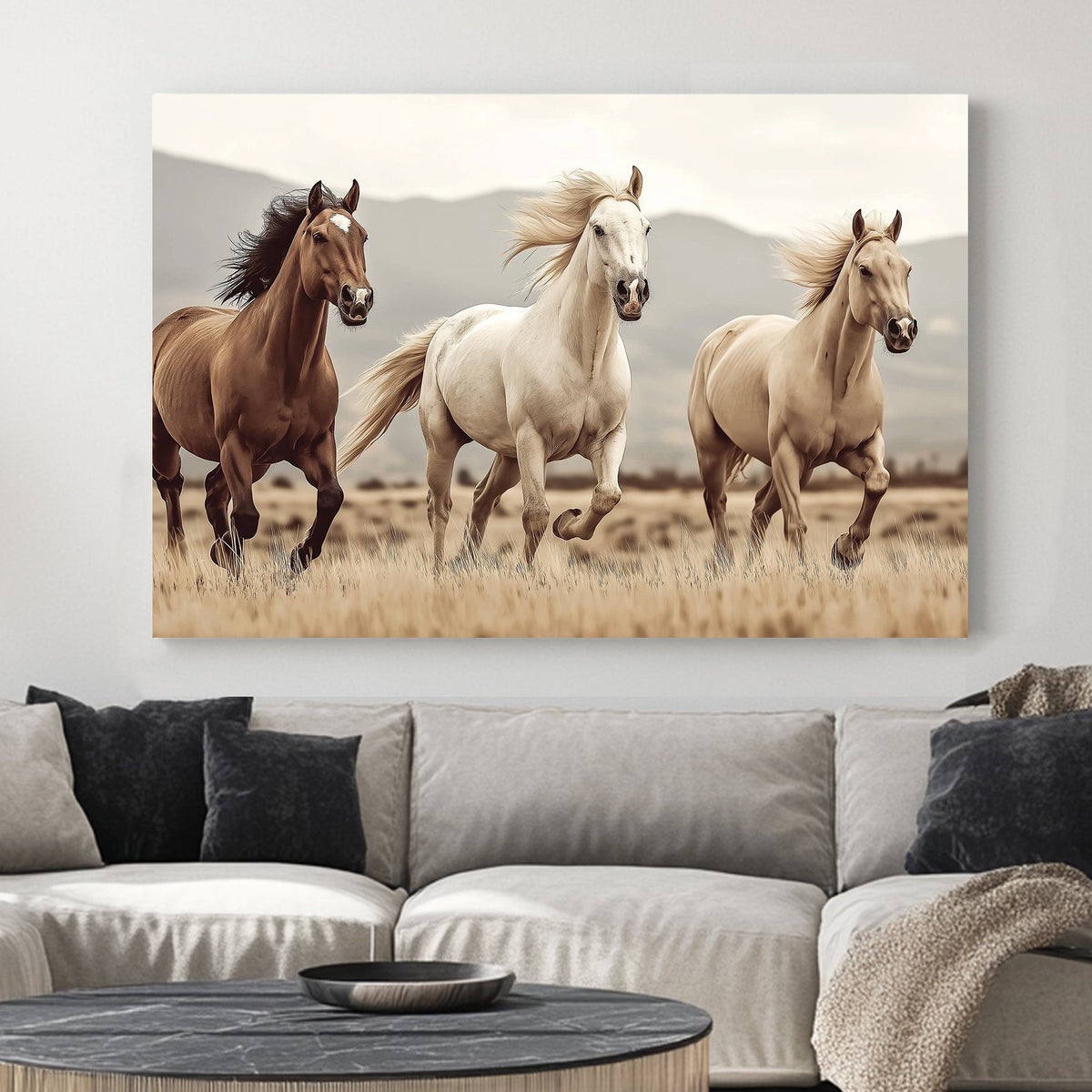 three running horses in open field wall art