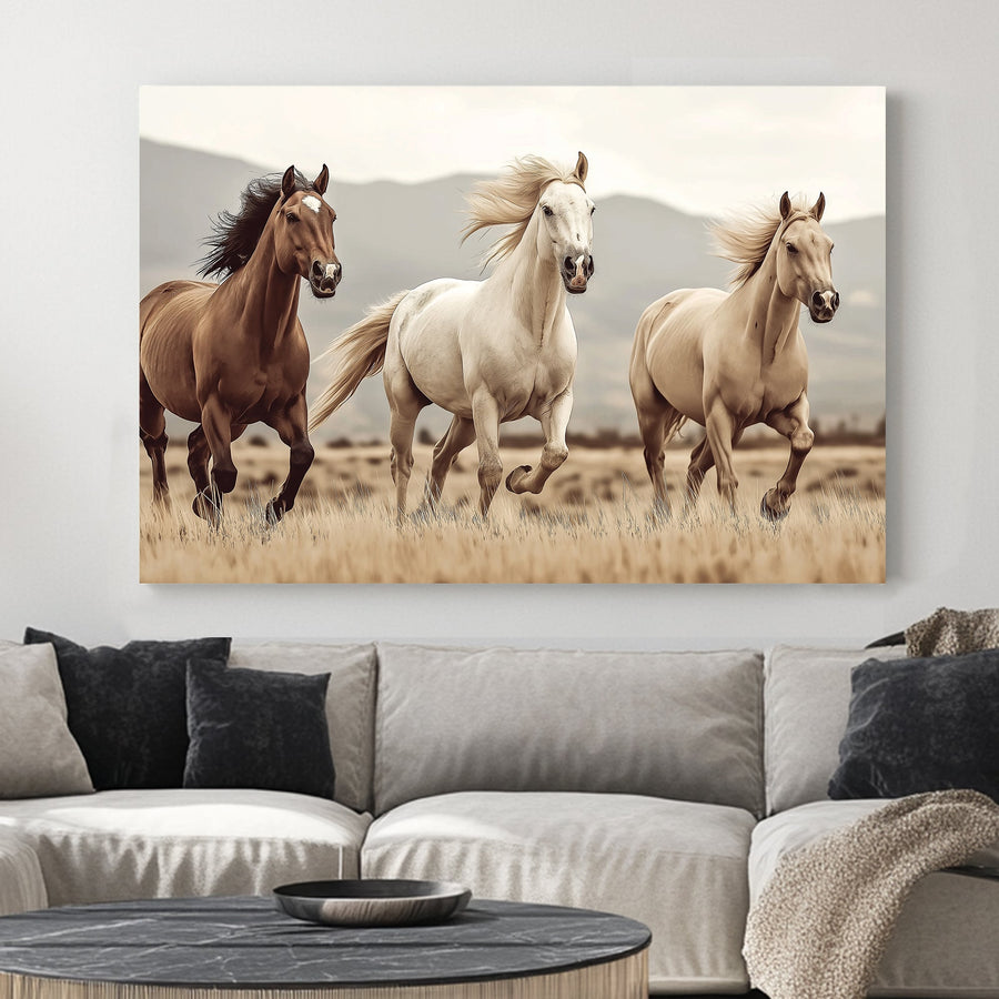 three running horses in open field wall art