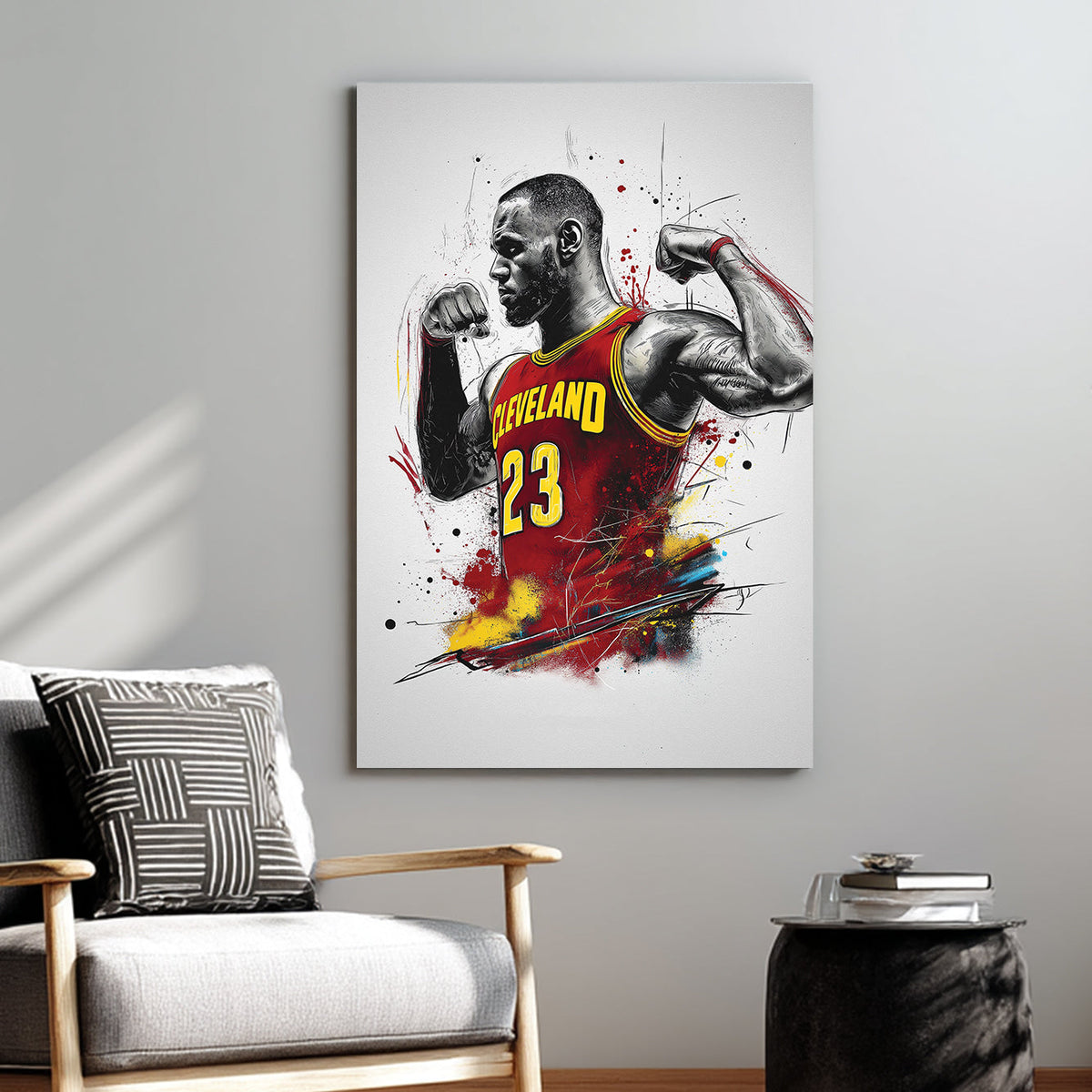 Cleveland basketball player flexing in explosive wall art
