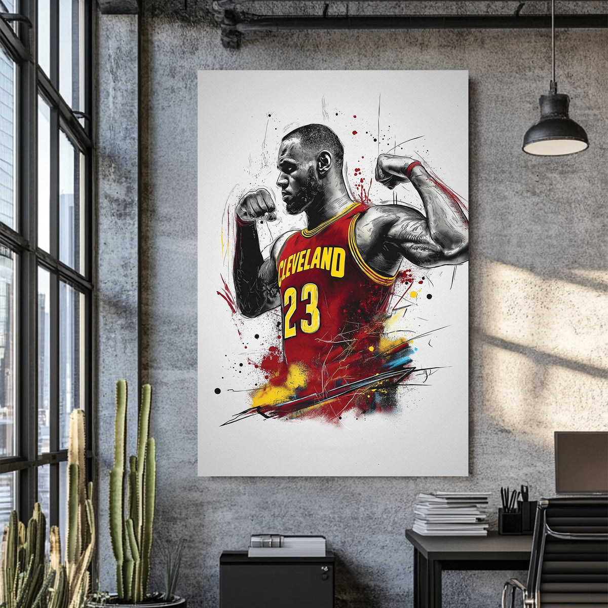 Cleveland basketball player flexing in explosive wall art