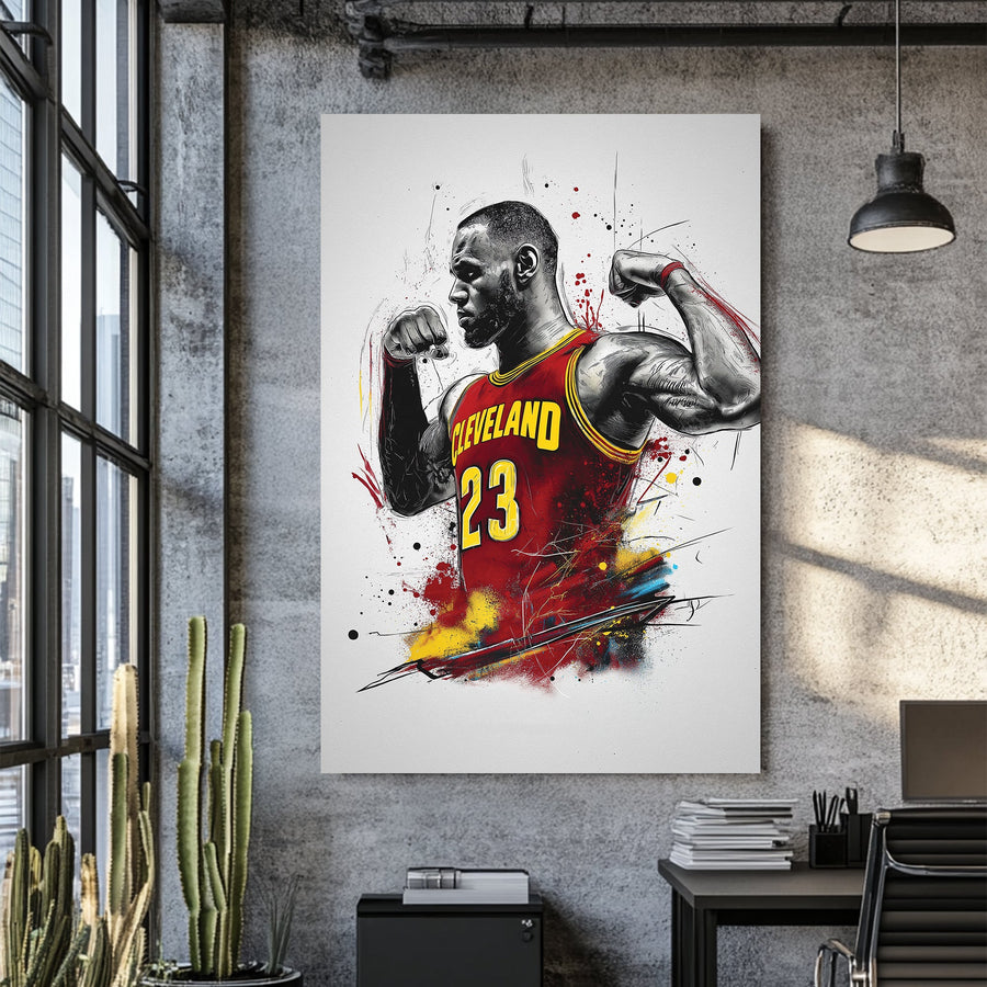 Cleveland basketball player flexing in explosive wall art