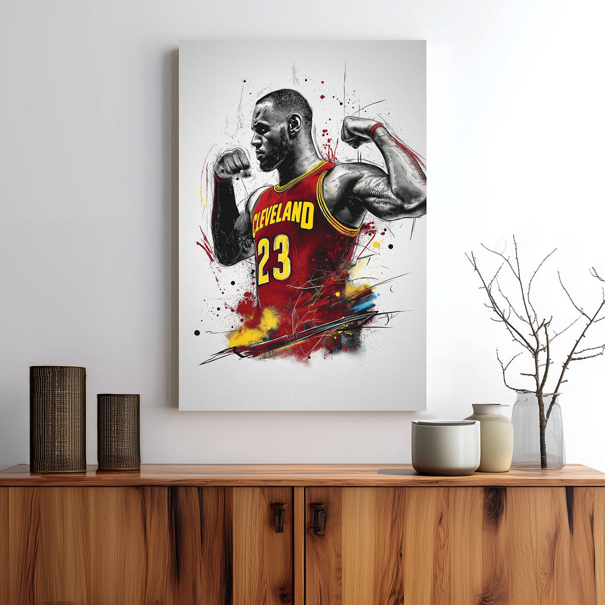 Cleveland basketball player flexing in explosive wall art