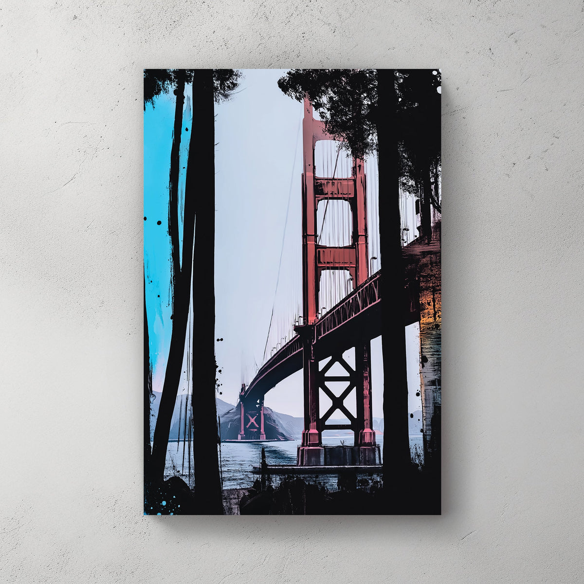 Abstract art of Golden Gate Bridge with blue and black paint strokes