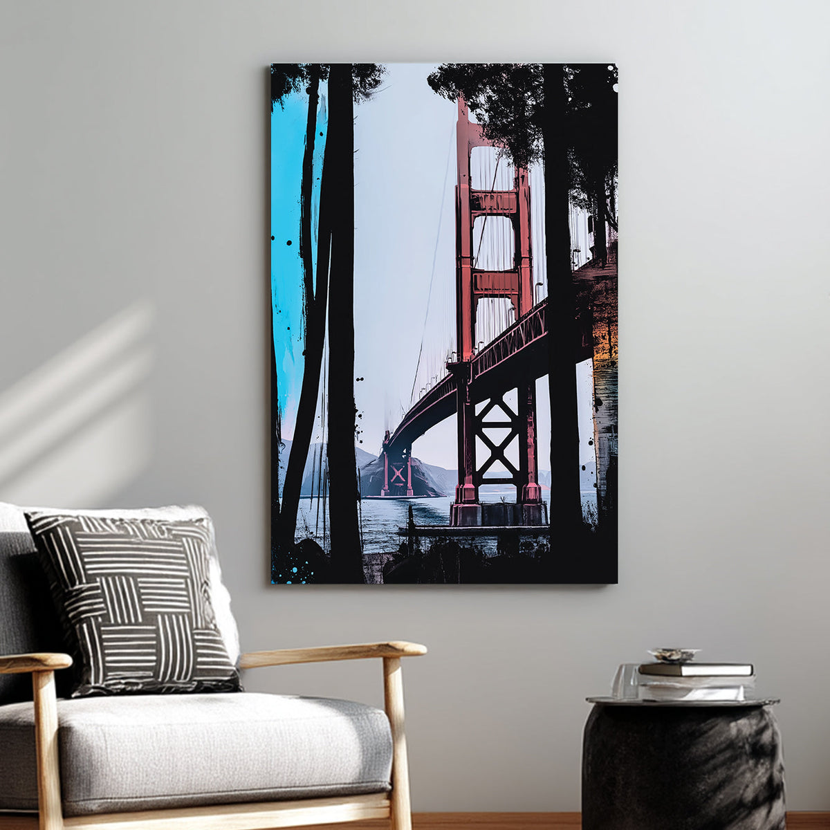 Abstract art of Golden Gate Bridge with blue and black paint strokes