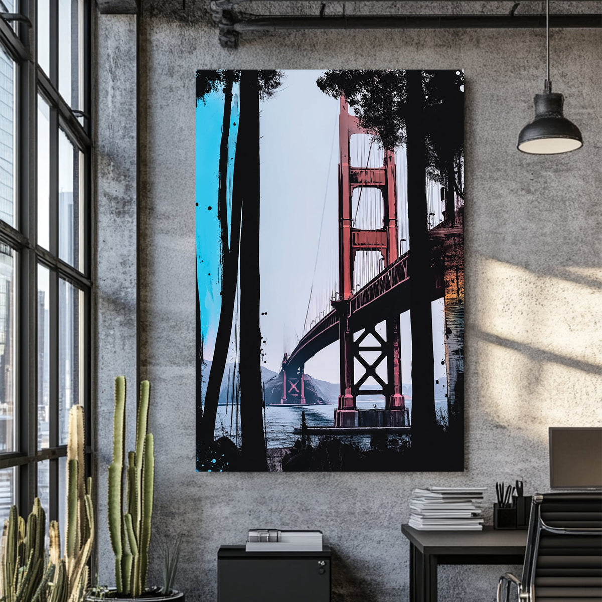 Abstract art of Golden Gate Bridge with blue and black paint strokes