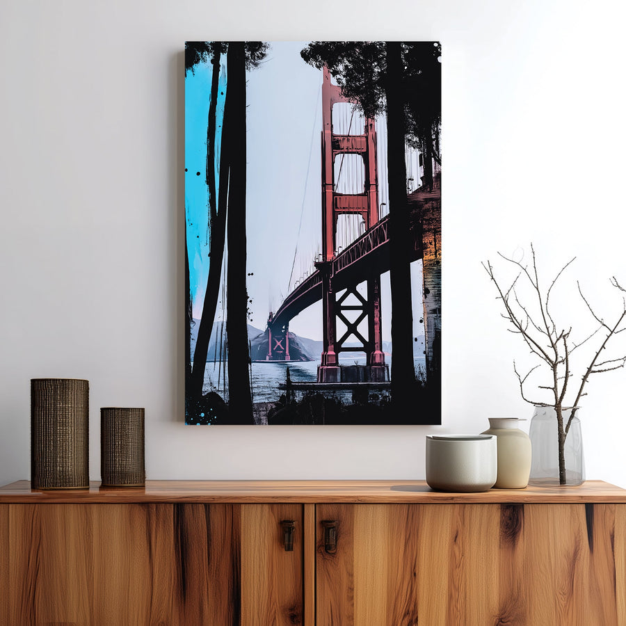 Abstract art of Golden Gate Bridge with blue and black paint strokes