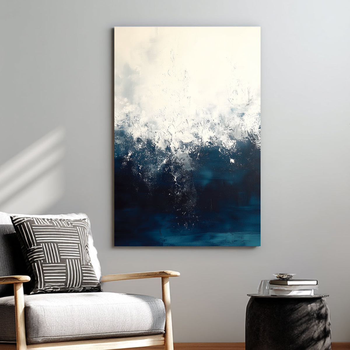 Abstract ocean painting with textured white and deep blue waves